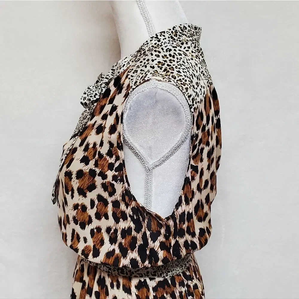 LEOPARD Cheetah Print Tie-Neck Smocked Waist Sleeveless A-line Mini Dress Large